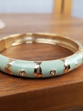 Hinged Bangle Bracelet Pastel Green Gold Crystal 3 in Diameter